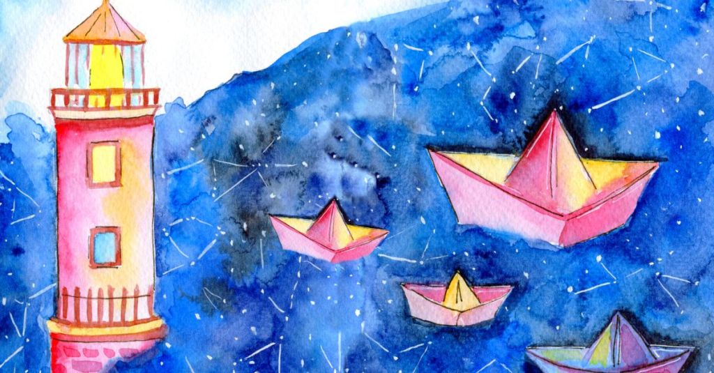 painted lighthouse sea and paper boats